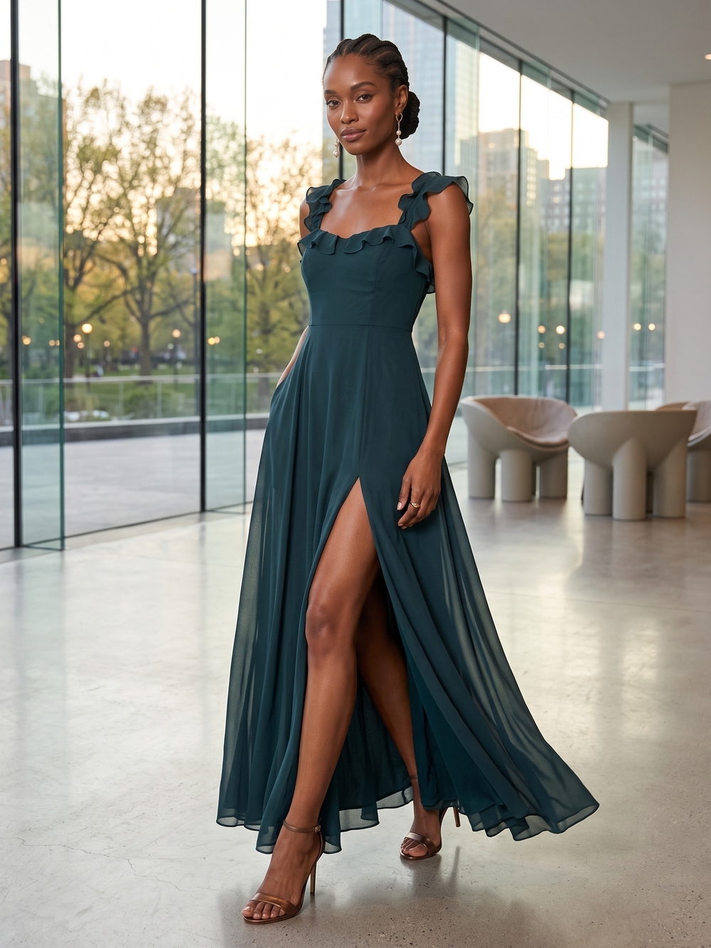 Lulus Dark Teal Green Ruffle Maxi Dress Button Back Formal Gown Slit 1X